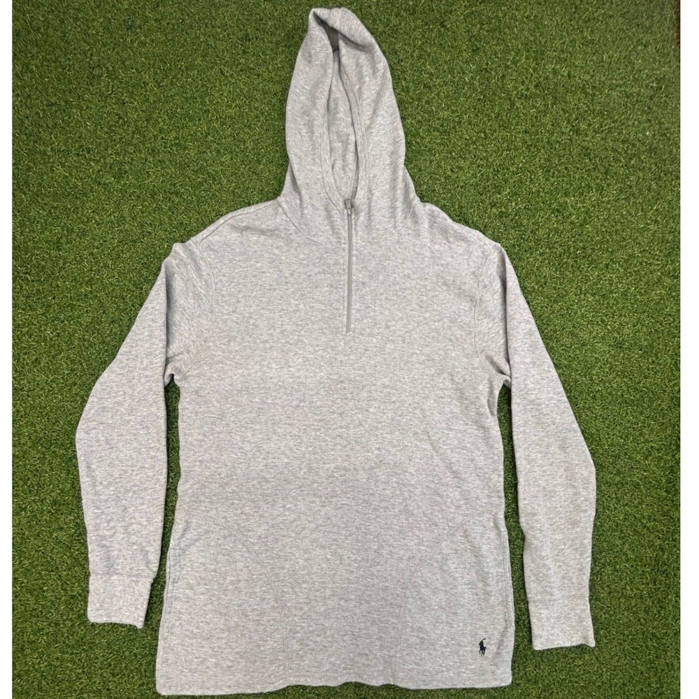 Polo Ralph Lauren Mens Waffle Knit Quarter Zip Hoodie Heather Gray Large